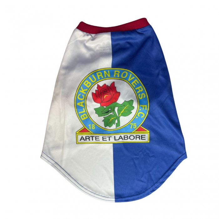 Dog football shirt with Blackburn Rovers badge