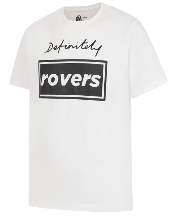 white t-shirt with definitely rovers black print on front and 1875 print on neck